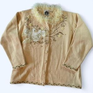 Vintage Storybook Knits 2X cardigan sweater holiday doves peach beaded cottage
